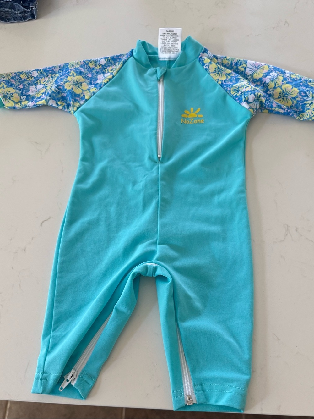 Aqua Blue Floral Sleeve Sunsuit - UV Swimwear